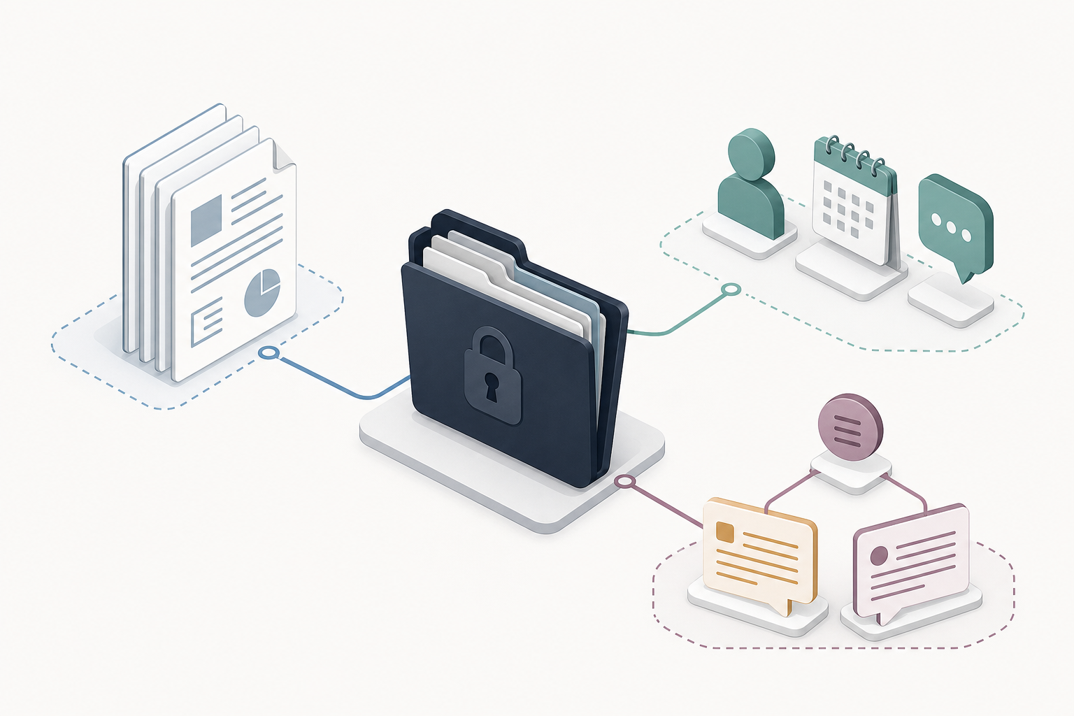 Ilustración de una carpeta segura vinculada con documentos utilizados, datos sobre la procedencia de la información y preguntas y respuestas de seguimiento documentadas.