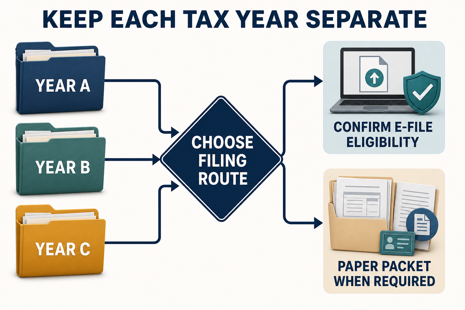 Separate tax-year folders lead to electronic-filing and paper-filing paths, with a reminder to confirm current eligibility.