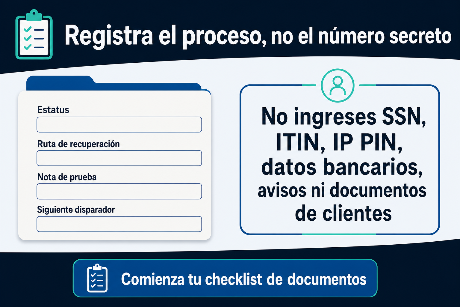 Paquete vacío de seguimiento con estatus, ruta de recuperación, nota de prueba y siguiente disparador, junto a una advertencia para no ingresar información confidencial.