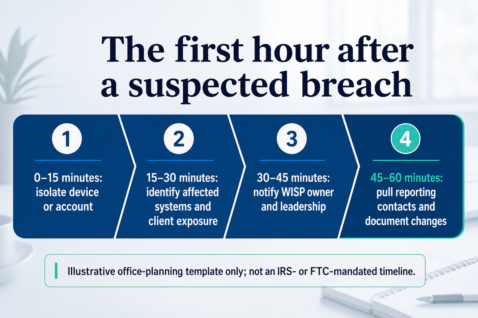 Illustrative one-hour incident-response planning timeline (office template, not an IRS/FTC-mandated schedule) for a small tax office after a suspected data-security incident.