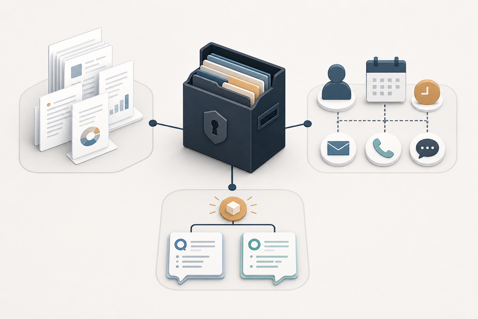 Illustration of a secure case folder linked to relied-upon records, information-source details, and documented follow-up questions and responses.